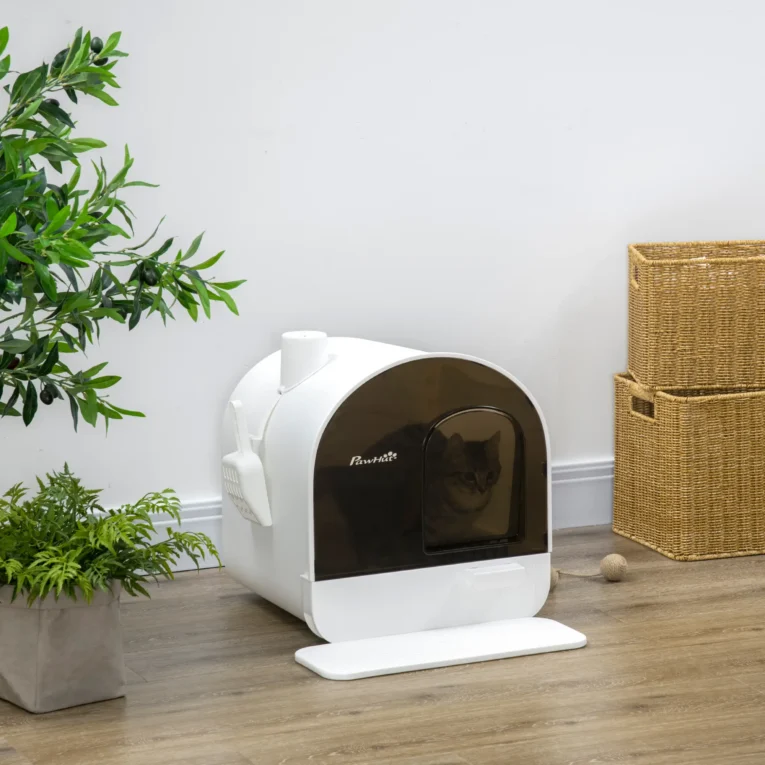 Hooded Cat Litter Box with Pull-Out Tray – White