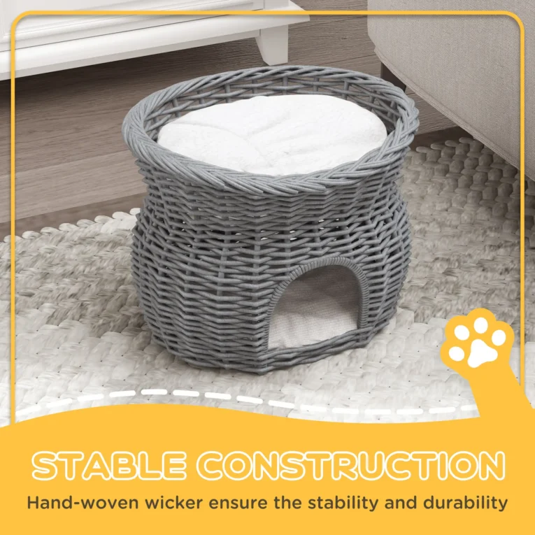 Two-Level Wicker Cat Bed with Cushions – Grey, 56cm