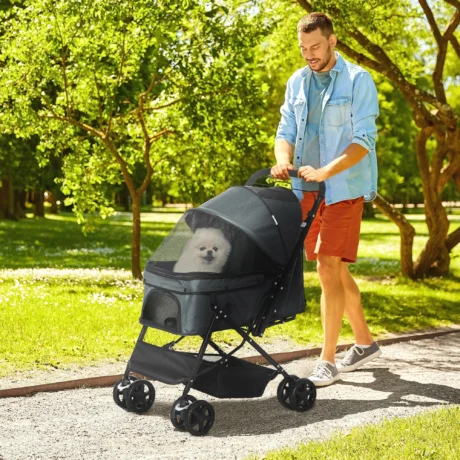 Folding Pet Stroller with Reversible Handle – Grey, 10kg