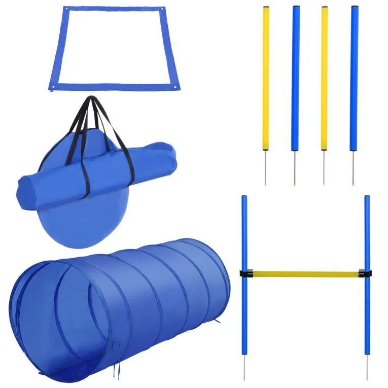 Dog Agility Training Set Adjustable (Poles, Hurdle, Tunnel) – Blue and yellow