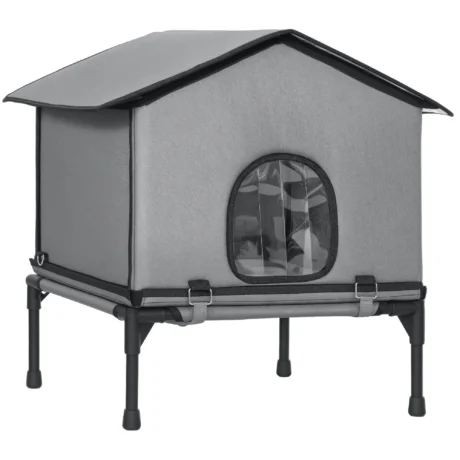Raised Insulated Outdoor Cat House with Cushion &ndash; Grey, 62cm