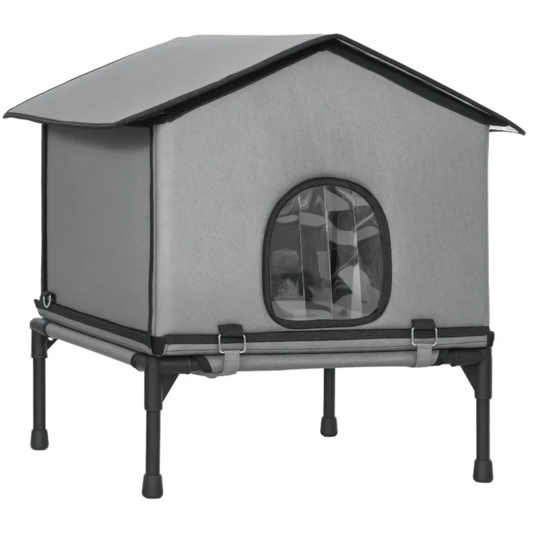 Raised Insulated Outdoor Cat House with Cushion – Grey, 62cm
