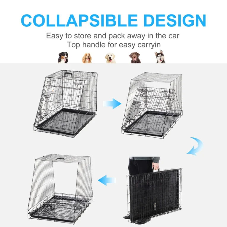 Folding Trapezoid Dog Crate with Tray – Black, 93cm