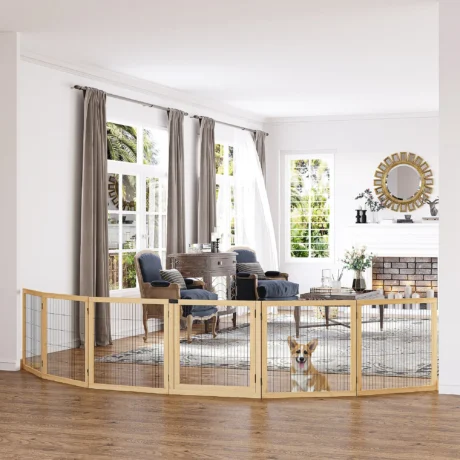 Six-Panel Freestanding Wooden Pet Gate – Natural, 70cm