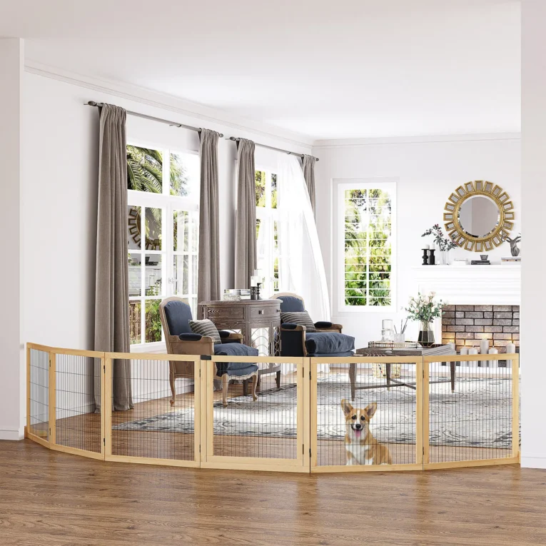 Six-Panel Freestanding Wooden Pet Gate – Natural, 70cm