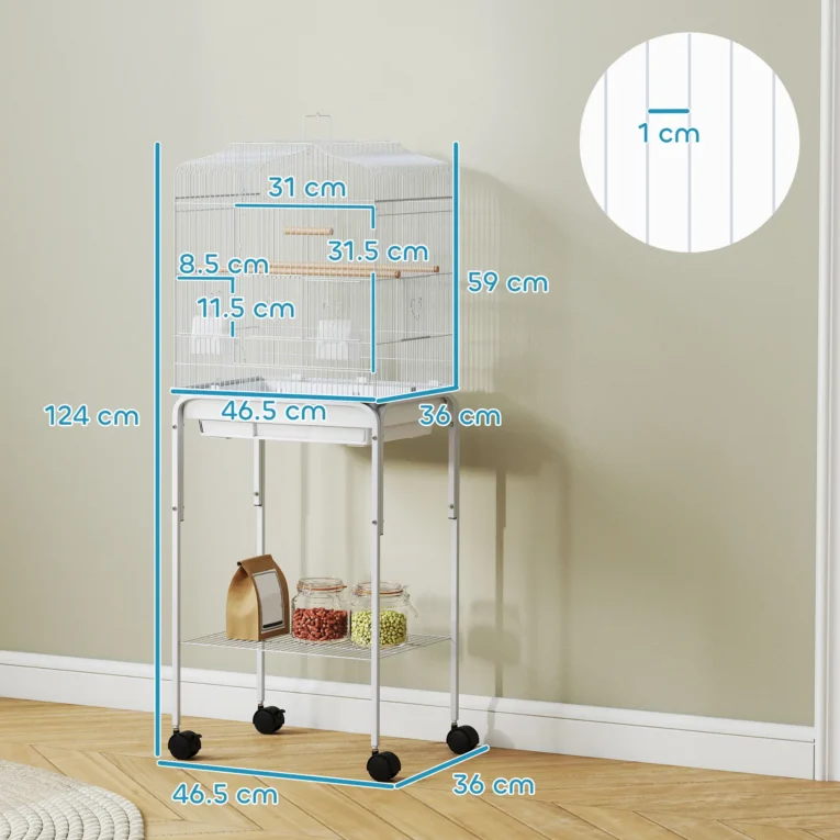 Bird Cage with Wheeled Stand and Swing – White, 124cm Bird Cage with Wheeled Stand and Swing – White, 124cm