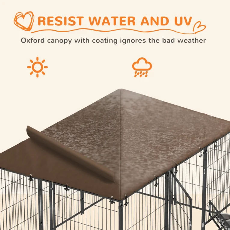 Outdoor Dog Enclosure with Canopy and Rotating Bowls – Brown, 211cm