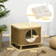 Raised Rattan-Style Cat Hideaway with Cushion – Light Brown, 40cm