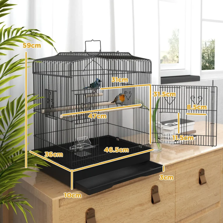 Metal Bird Cage with Perches, Bowls and Swing – Black, 59cm High Metal Bird Cage with Perches, Bowls and Swing – Black, 59cm High