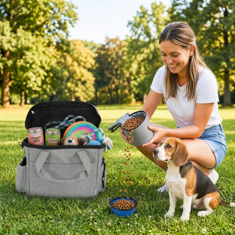 Dog Travel Bag with Food Containers – Light Grey