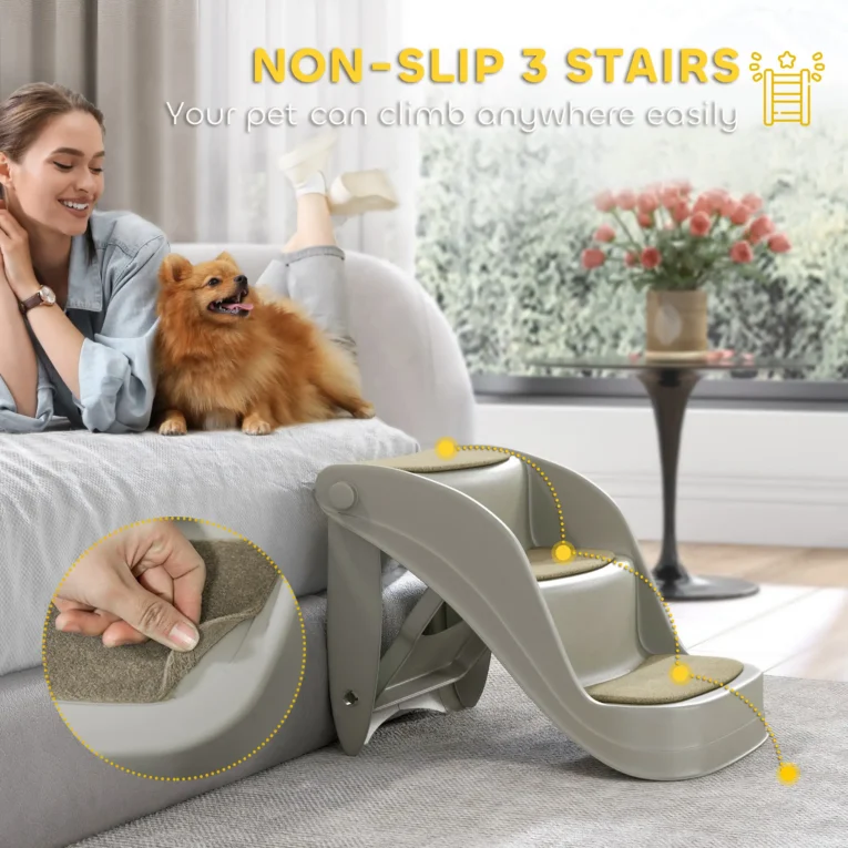 Folding Three-Step Pet Stairs – Grey, 38cm