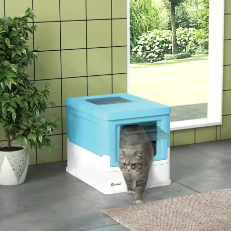 Folding Hooded Cat Litter Box with Scoop – Light Blue