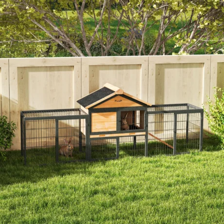 Wooden Rabbit Hutch with Side Run and Tray – Natural, 217cm