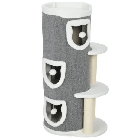 Three-Den Cat Scratching Barrel with Platforms &ndash; Grey, 101cm