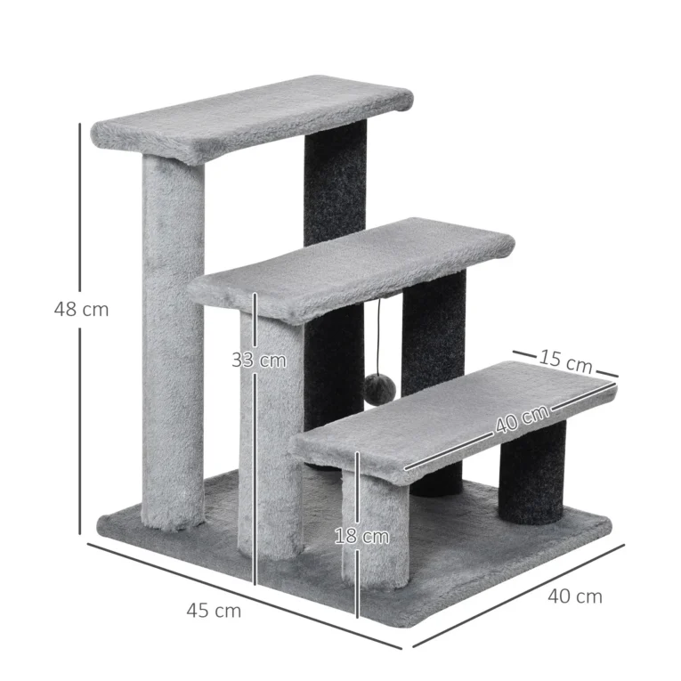 Three-Step Cat Stairs with Scratching Posts and Toy – Grey