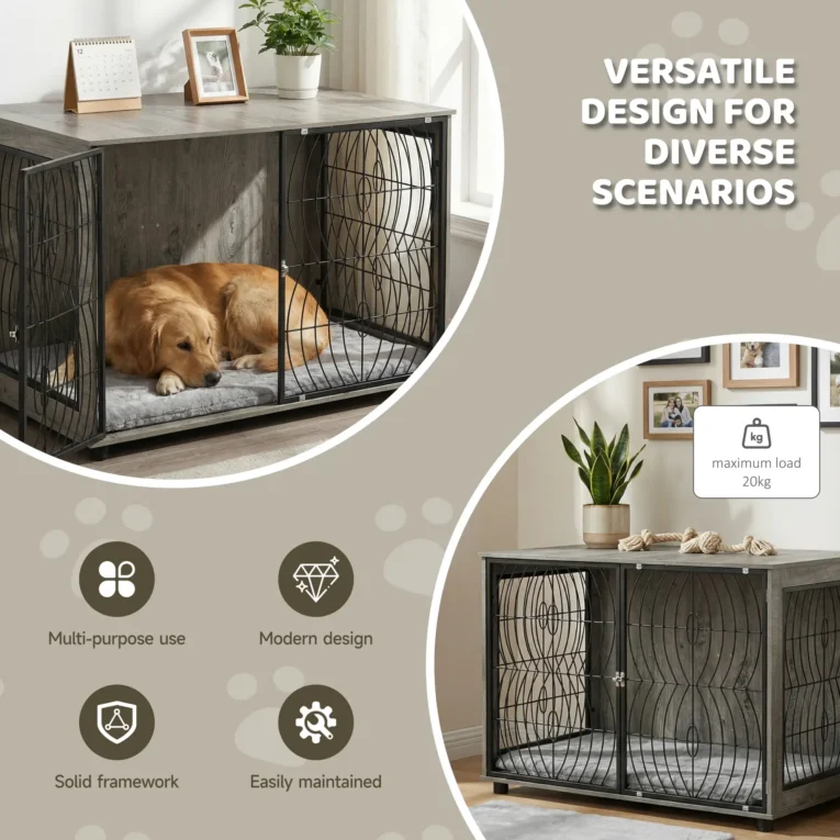 XL Dog Crate End Table with Cushion – Grey Wood Effect, 118cm