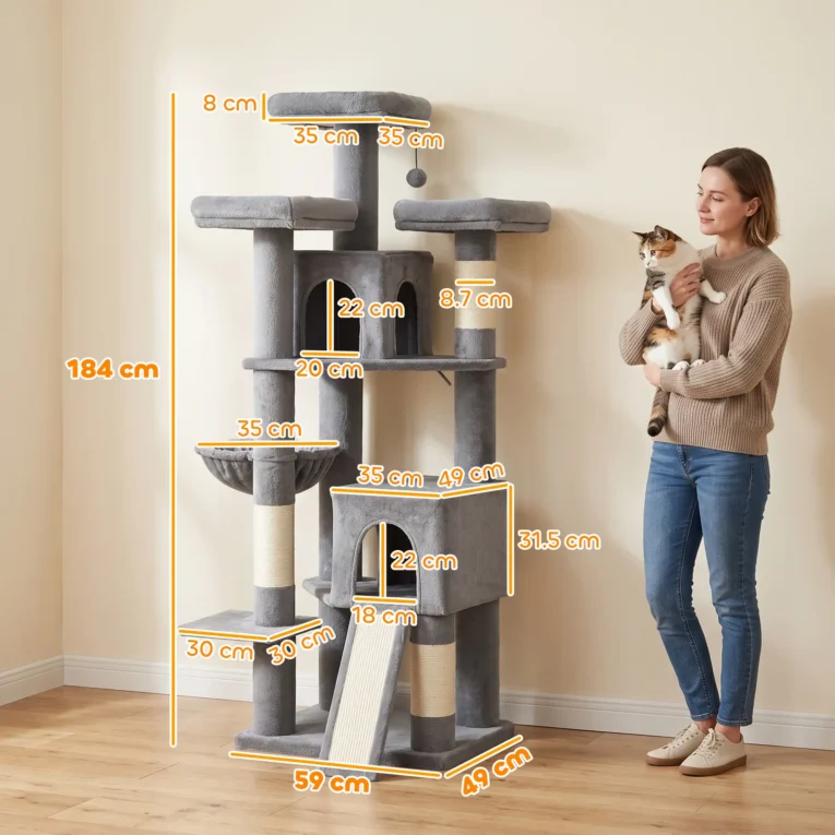 Tall Cat Tower with Three Beds and Two Dens – Dark Grey, 184cm Tall Cat Tower with Three Beds and Two Dens – Dark Grey, 184cm