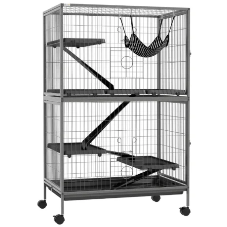 Multi-Level Small Animal Cage with Hammock and Wheels &ndash; Grey