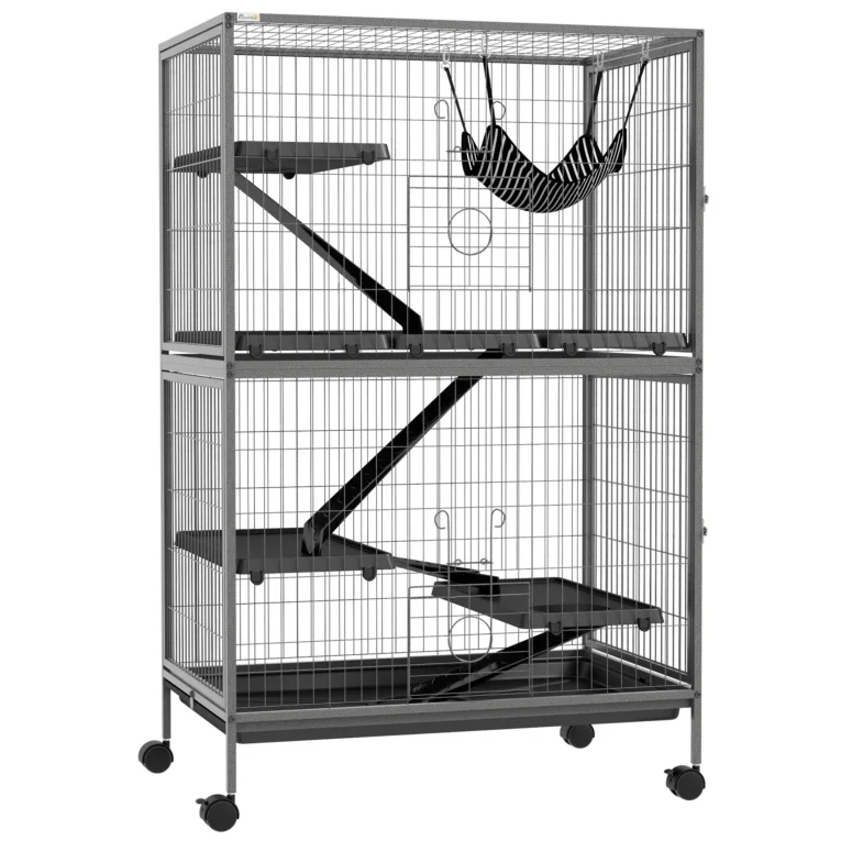 Multi-Level Small Animal Cage with Hammock and Wheels – Grey