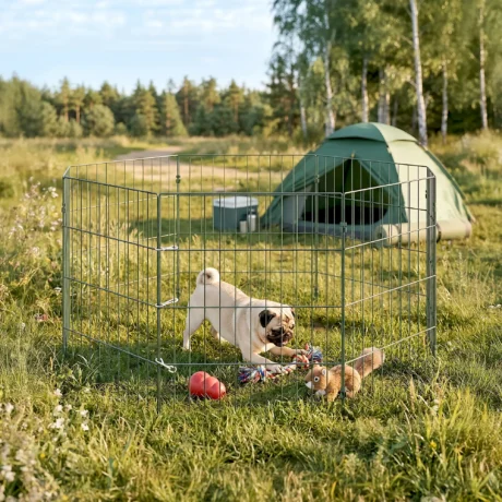 Eight-Panel Folding Dog Playpen with Ground Stakes – Green, 60cm