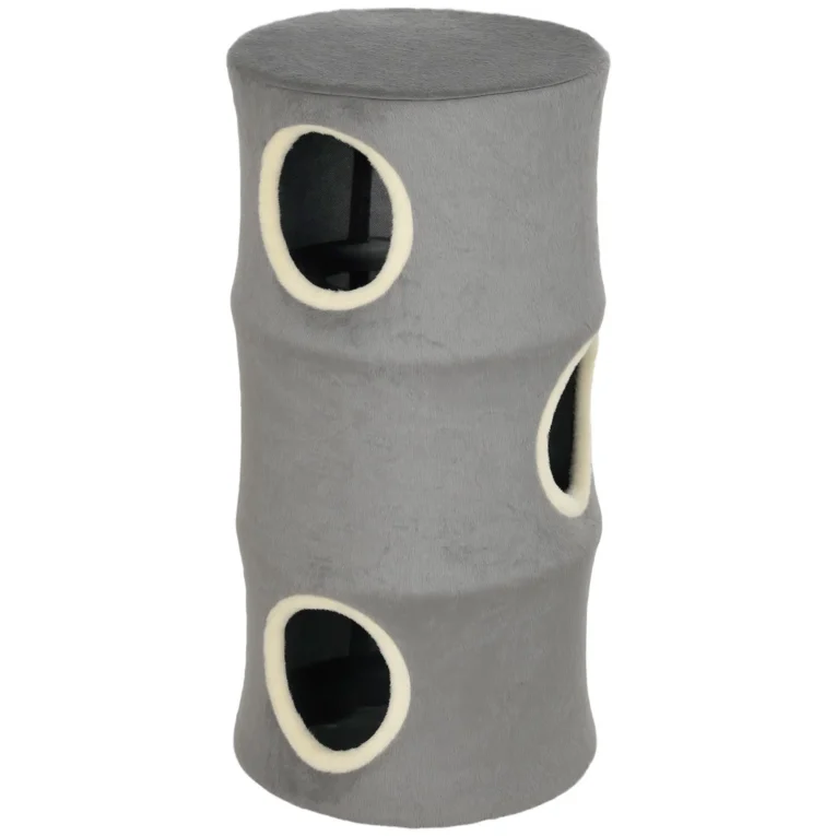 Three-Den Plush Cat Barrel with Washable Cover – Grey, 80cm