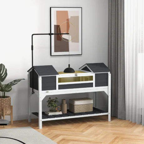 Wooden Tortoise Table with Twin Hides and Storage Shelf – Grey