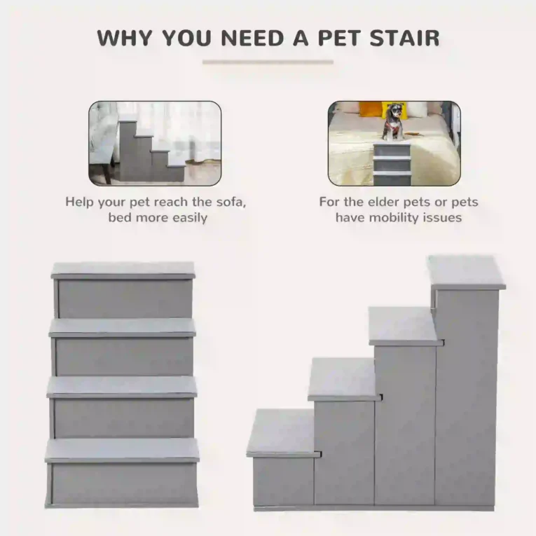 Four-Step Wooden Pet Stairs with Removable Mats – Grey, 54cm