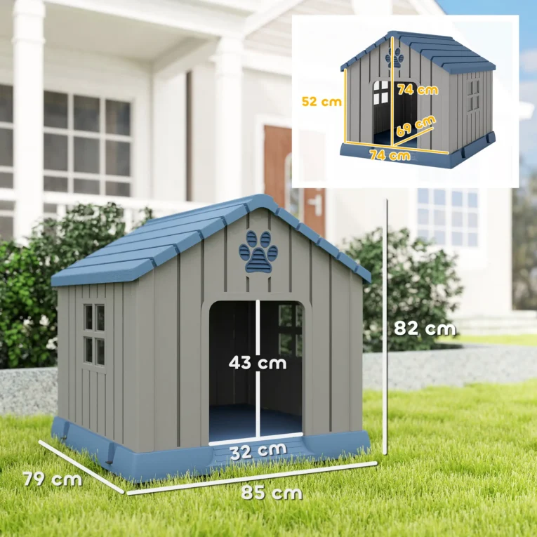 Plastic Outdoor Dog Kennel with Ventilation – Grey and Blue, 85cm