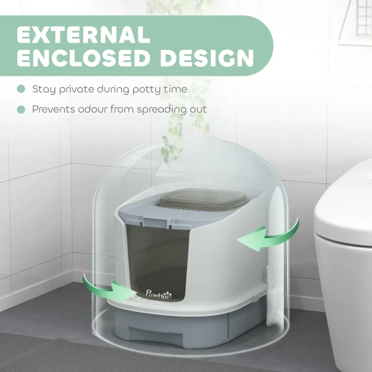 Enclosed Cat Litter Box with Drawer and Top Access – Grey, 52.5cm