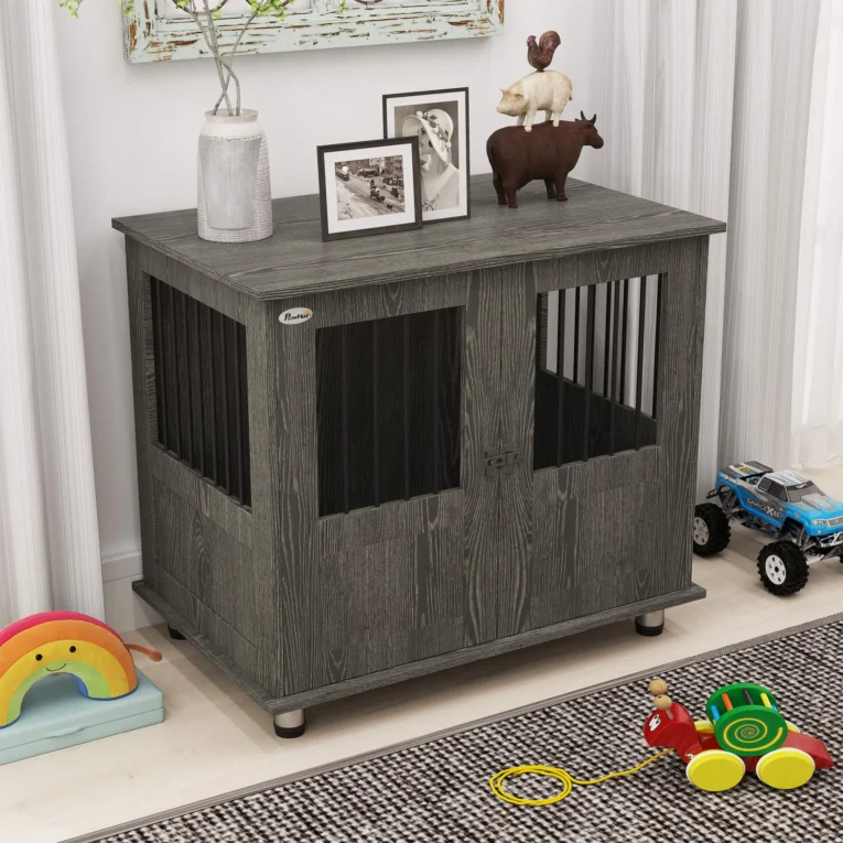 Dog Crate Side Table with Double Doors – Grey, 85cm