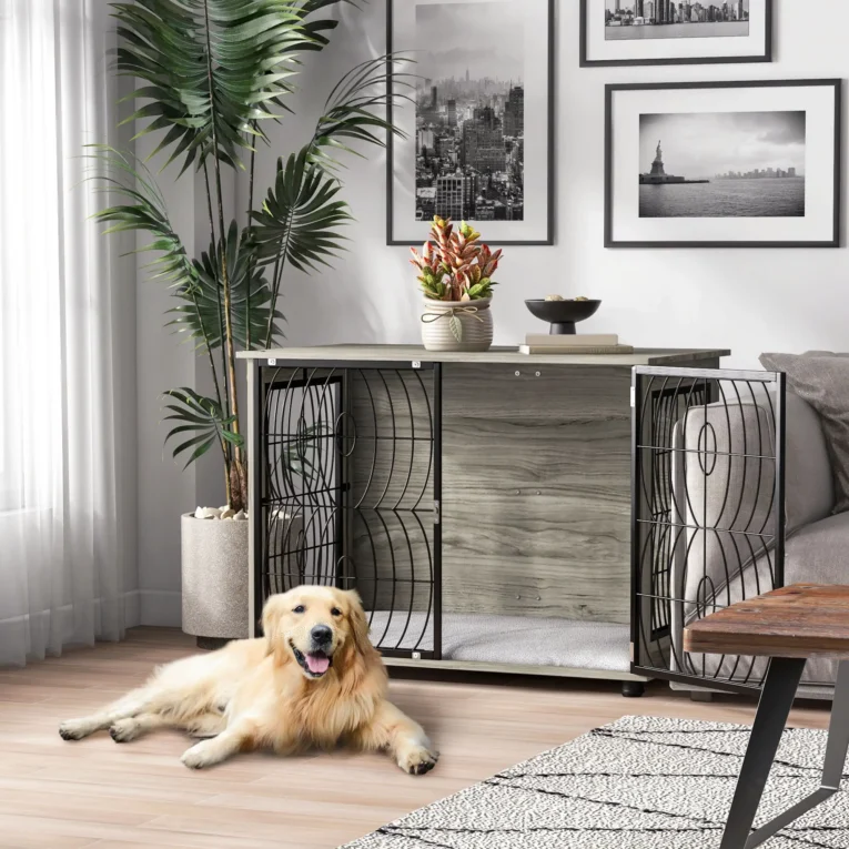 Large Dog Crate Side Table with Cushion – Grey Wood Effect, 100cm