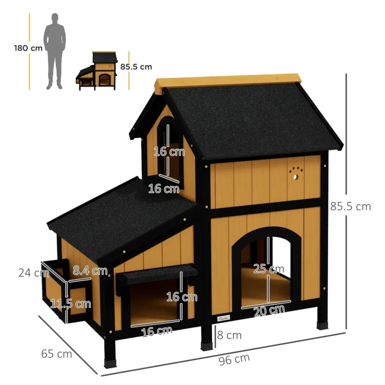 Wooden Cat House Water-Resistant Roof – Yellow, Black