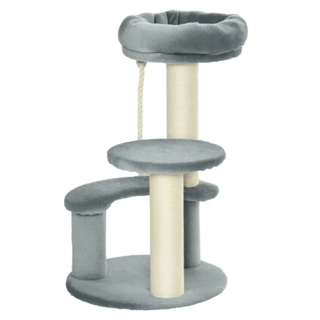 Compact Cat Tower with Sisal Posts and Hanging Rope – Grey, 65cm