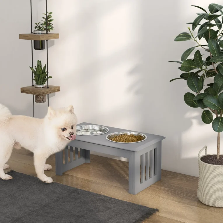 Raised Double Dog Bowl Stand – Grey, 25.4cm