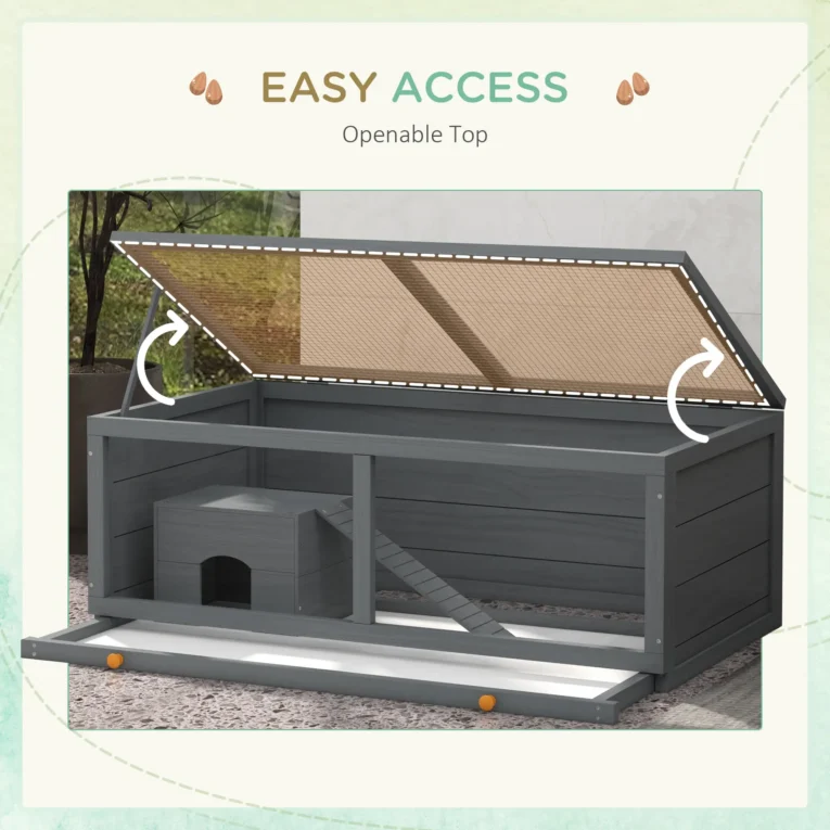 Wooden Rodent Enclosure with Hut and Sliding Tray – Grey, 100cm Wooden Rodent Enclosure with Hut and Sliding Tray – Grey, 100cm