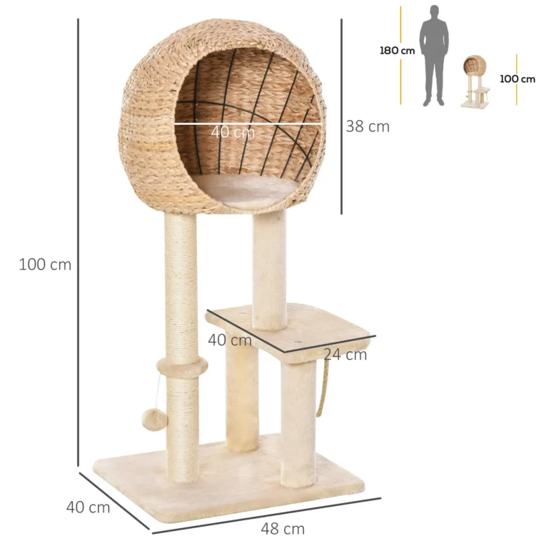 Cat Activity Tower with Enclosed Den and Play Toys – Beige, 100cm