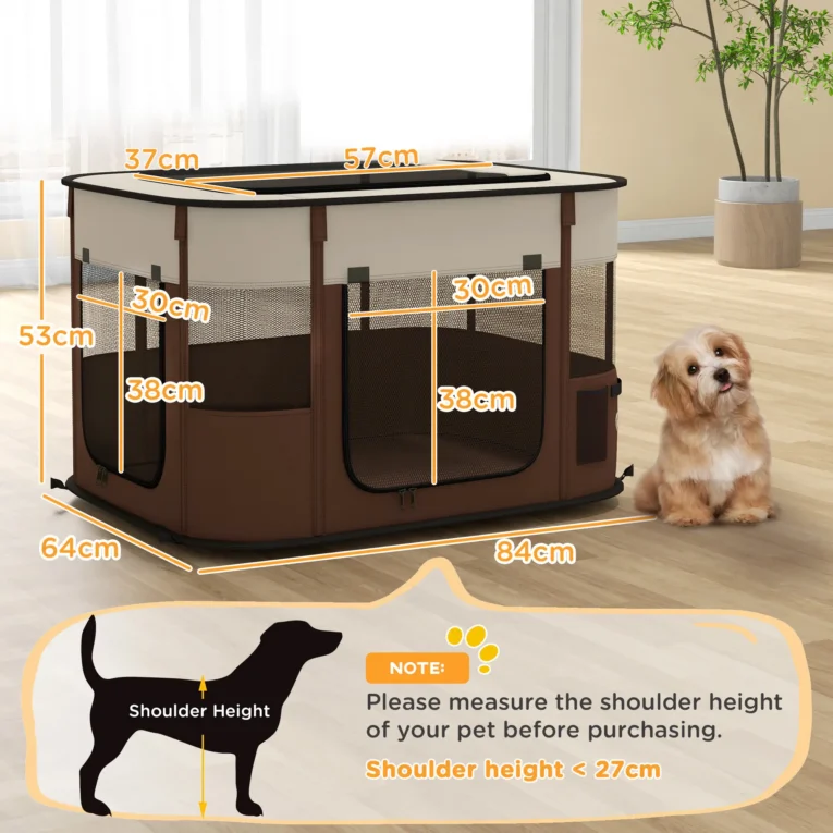 Folding Fabric Pet Playpen – Brown, 84cm