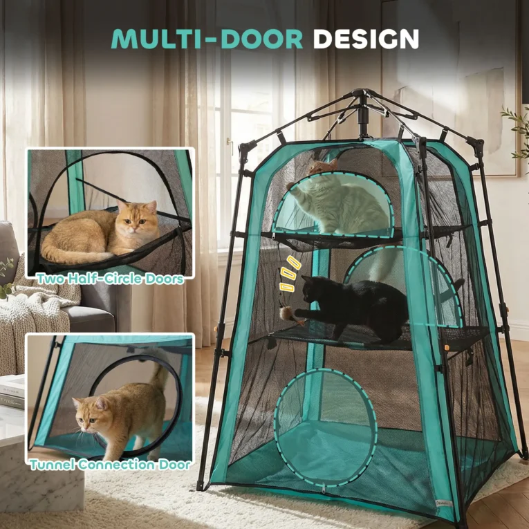 Three-Level Folding Cat Tent with Carry Bag – Green and Black Three-Level Folding Cat Tent with Carry Bag – Green and Black