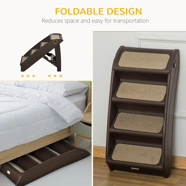 Folding Four-Step Pet Stairs – Dark Brown, 49.5cm