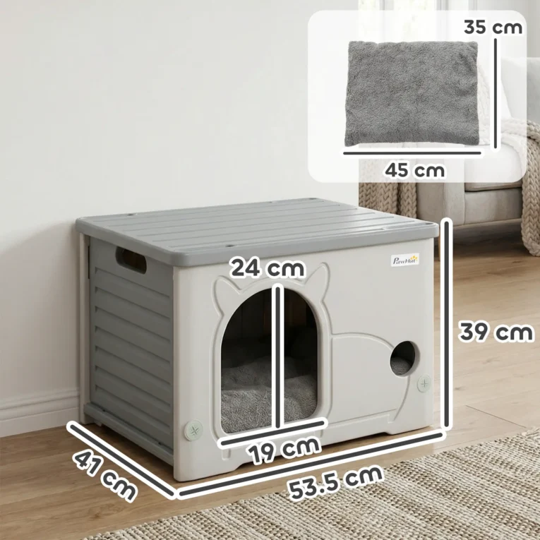 Stackable Plastic Cat House with Removable Cushion – Grey, 53.5cm Stackable Plastic Cat House with Removable Cushion – Grey, 53.5cm