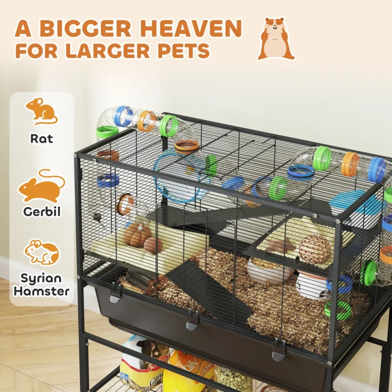 Three-Level Small-Animal Cage with Storage Shelf – Black, 106.5cm High