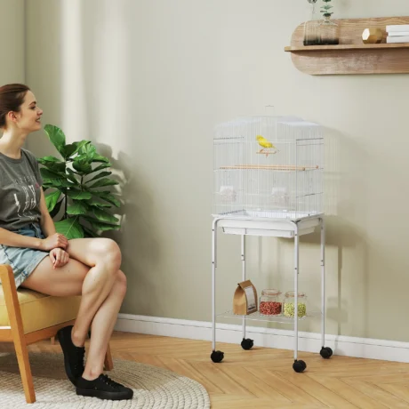 Bird Cage with Wheeled Stand and Swing – White, 124cm