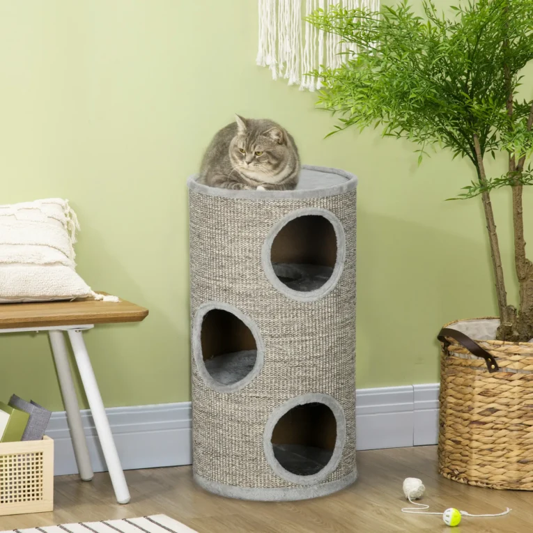 70cm Cat Scratching Barrel with Connected Hideaways – Light Grey