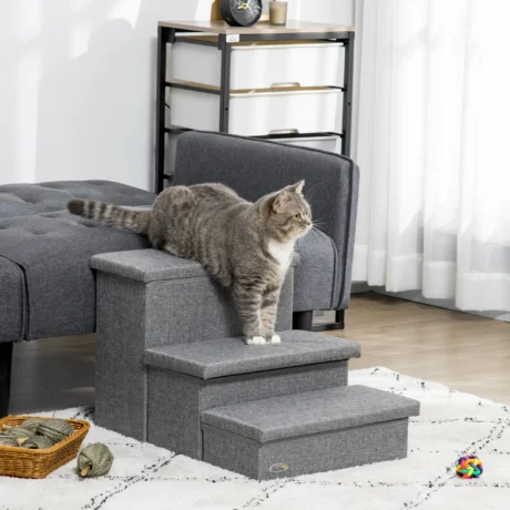 Three-Step Cat Stairs with Hidden Storage – Light Grey