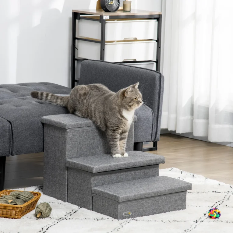 Three-Step Cat Stairs with Hidden Storage – Light Grey