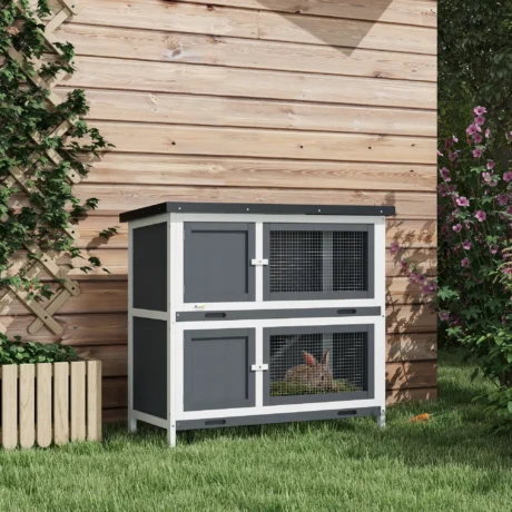 Two-Level Rabbit Hutch with Raised Sleeping Area – Grey, 97 × 44 × 91cm