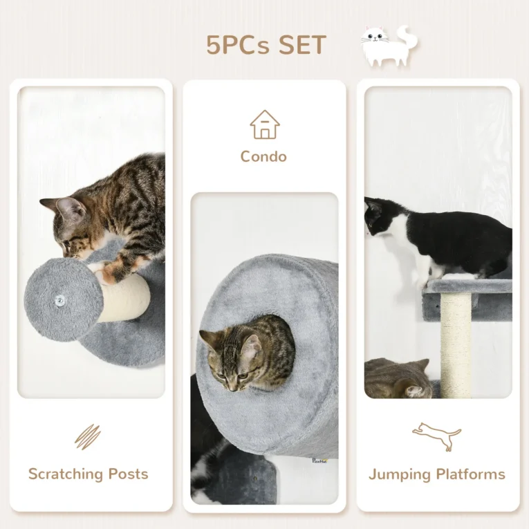 Five-Piece Cat Wall Furniture with Den and Perches – Grey