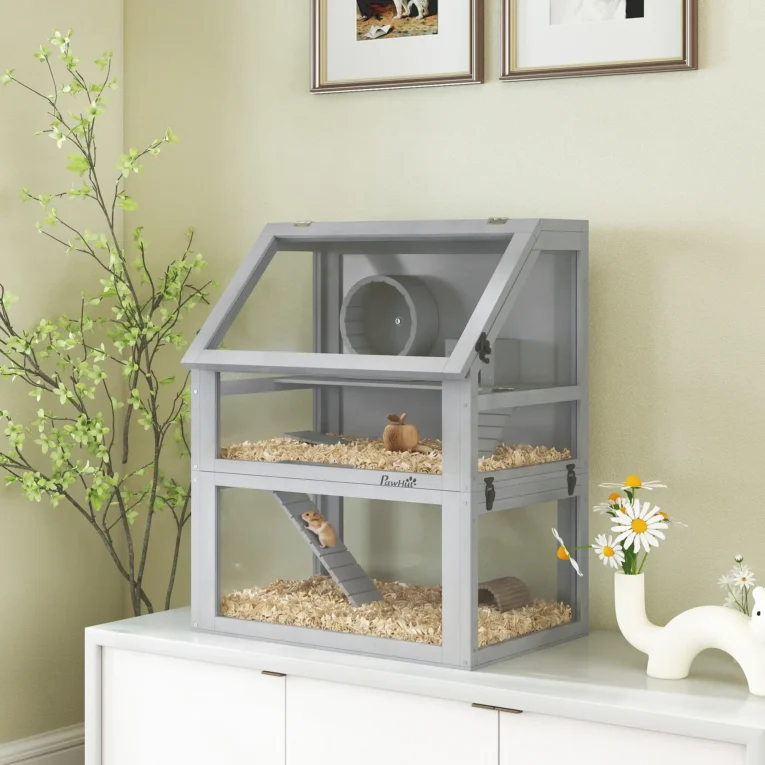 Wooden Hamster Cage with Deep Base and Accessories – Light Grey