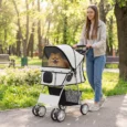 Folding Pet Stroller with Reflective Strips and Basket – Grey
