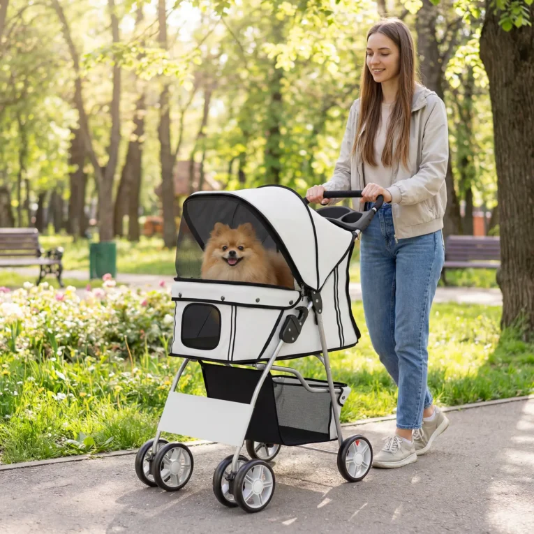 Folding Pet Stroller with Reflective Strips and Basket – Grey